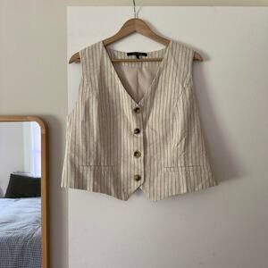Beige and Black Striped Cropped Button‎ Up Vest Size XL